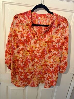 Floral Watercolor Print Blouse - Coral/Pink/Yellow